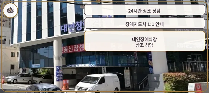 대연장례식장 외부 전경과 주차장 모습